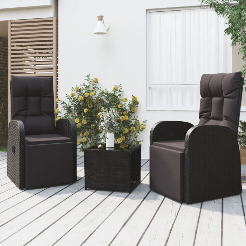 vidaXL 3 Piece Garden Lounge Set Black Poly Rattan&Steel