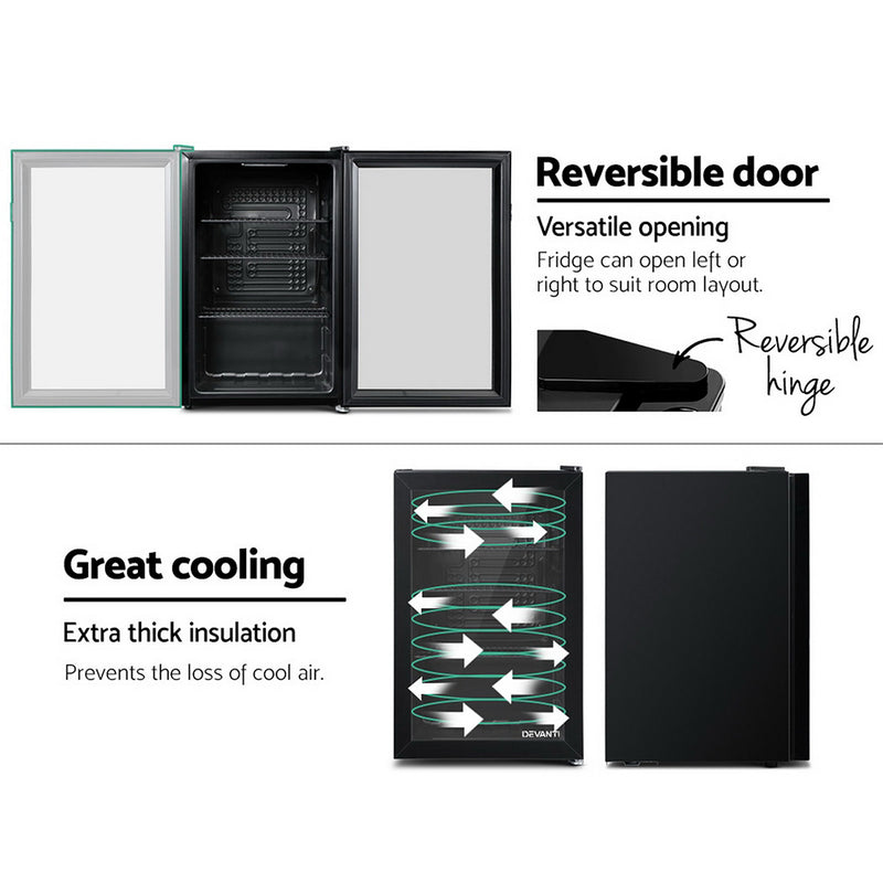 Devanti 70L Bar Fridge Glass Door w/Light Black