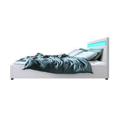 Artiss Bed Frame Double Size LED Gas Lift White COLE