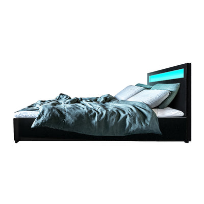 Artiss Bed Frame Queen Size LED Gas Lift Black COLE