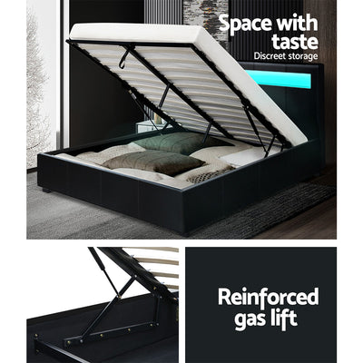 Artiss Bed Frame Queen Size LED Gas Lift Black COLE