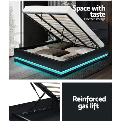 Artiss Bed Frame King Size LED Gas Lift Black LUMI