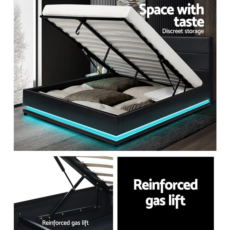 Artiss Bed Frame Queen Size LED Gas Lift Black LUMI