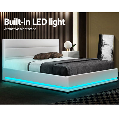 Artiss Bed Frame Queen Size LED Gas Lift White LUMI