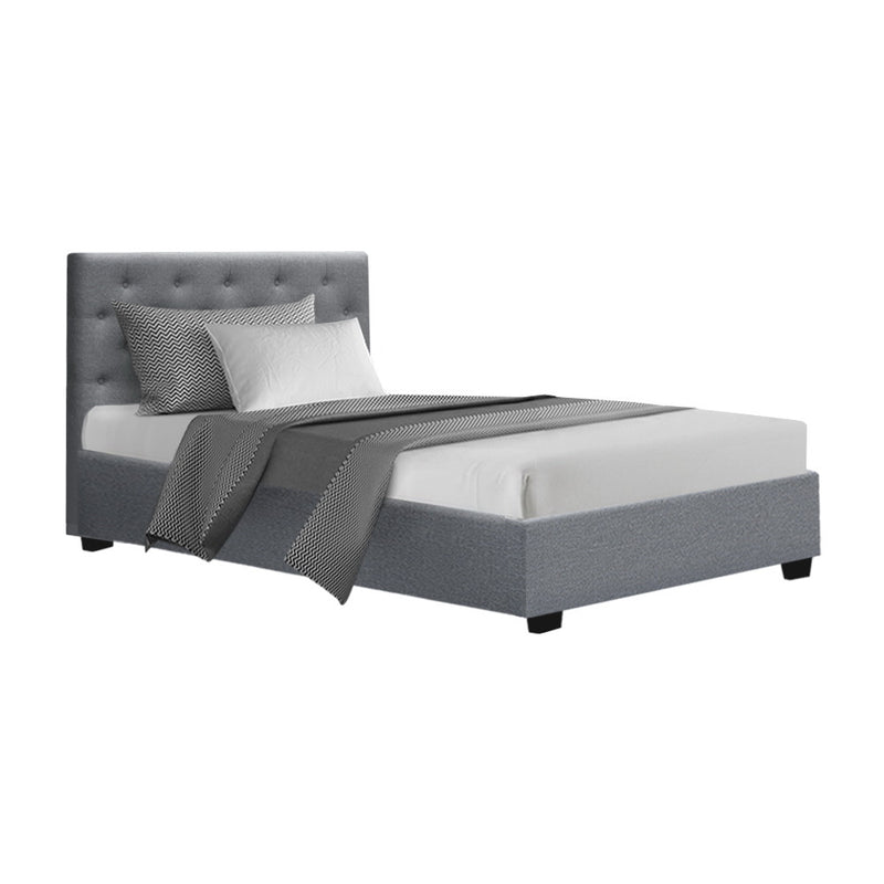 Artiss Vila Bed Frame Fabric Gas Lift Storage - Grey King Single