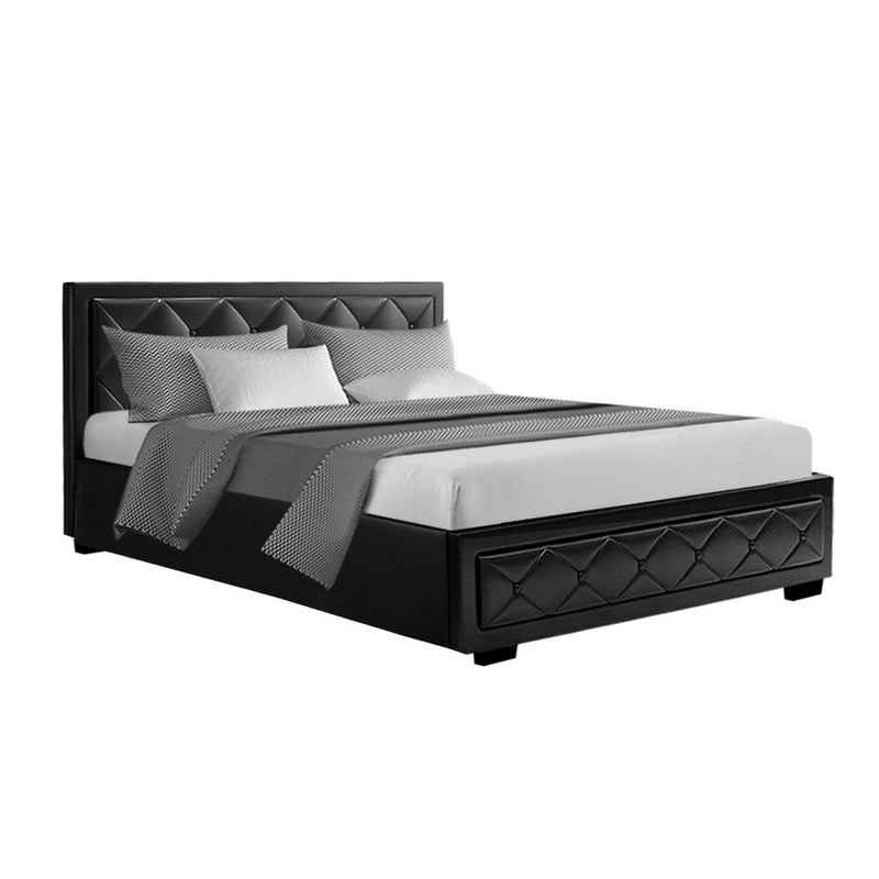 Artiss Bed Frame Double Size Gas Lift Base With Storage Black Leather Tiyo Collection