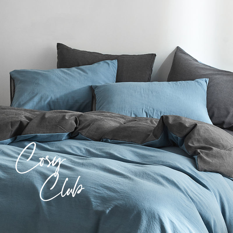 Cosy Club Quilt Cover Set Cotton Duvet King Blue Dark Blue