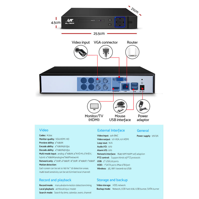 UL-tech CCTV Security System 4CH DVR 2 Cameras 1TB Hard Drive