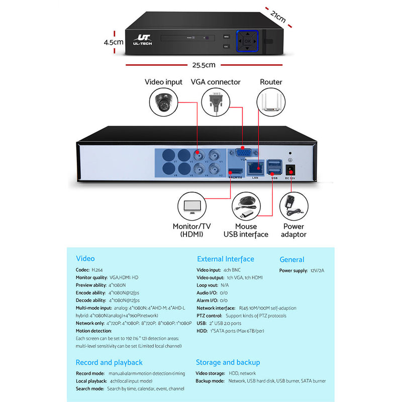 UL-tech CCTV Camera Security System 4CH 2 Dome Camera DVR HD 1080P IP Kit Day Night