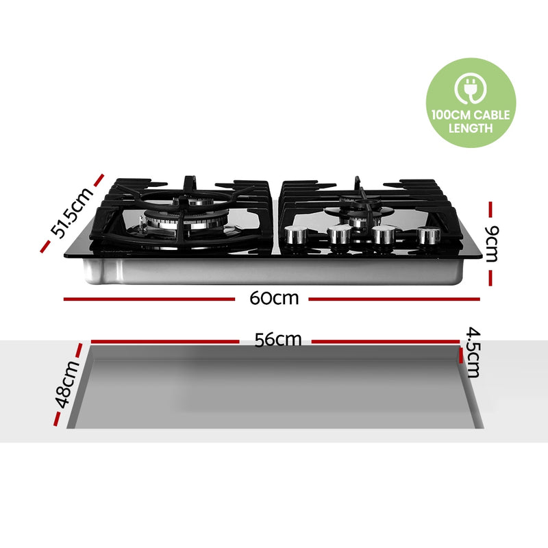 Comfee 60cm Gas Cooktop 4 Burners Kitchen Gas Hob Trivets Stove Cook Top Black