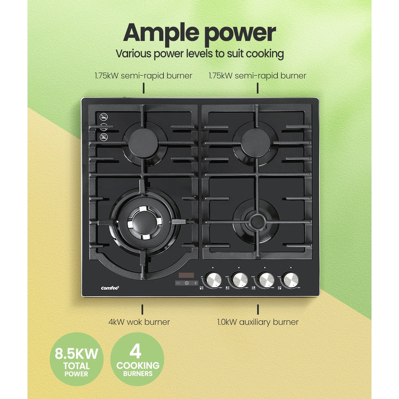 Comfee 60cm Gas Cooktop 4 Burners Kitchen Gas Hob Trivets Stove Cook Top Black