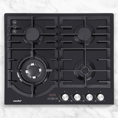 Comfee 60cm Gas Cooktop 4 Burners Kitchen Gas Hob Trivets Stove Cook Top Black