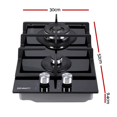 Devanti Gas Cooktop 30cm 2 Burner Black