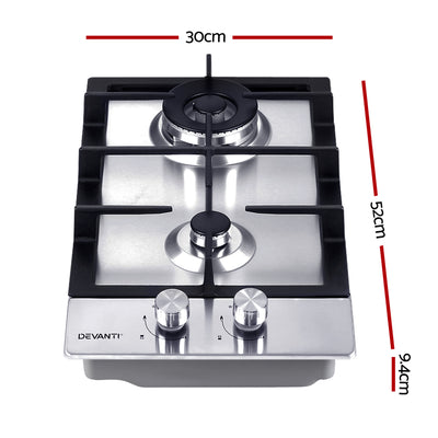 Devanti Gas Cooktop 30cm 2 Burner Silvir