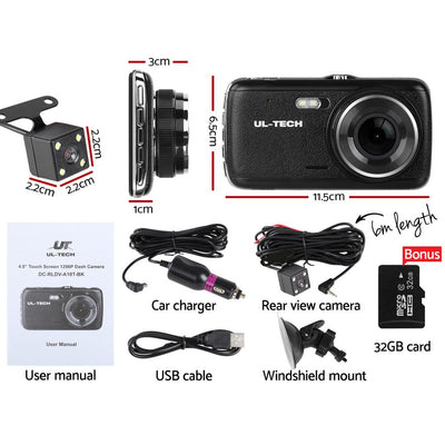 UL Tech 4 Inch Dual Camera Dash Camera - Black