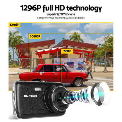 UL Tech 4 Inch Dual Camera Dash Camera - Black