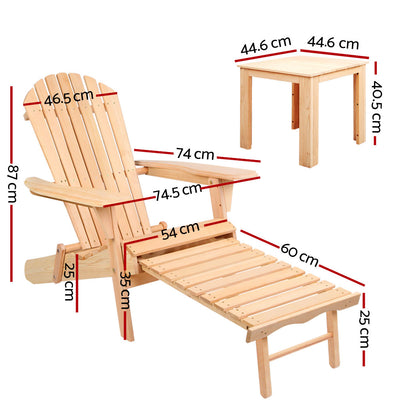 Gardeon 3PC Adirondack Outdoor Table and Chairs? Wooden Sun Lounge Beach Patio Natural