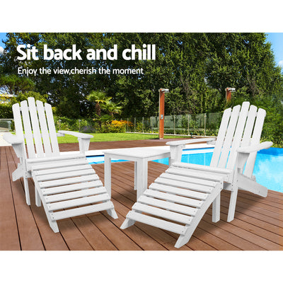 Gardeon 5PC Adirondack Outdoor Table and Chairs Wooden Sun Lounge Patio Furniture White