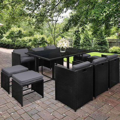 Gardeon Outdoor Dining Set 11 Piece Wicker Table Chairs Setting Black