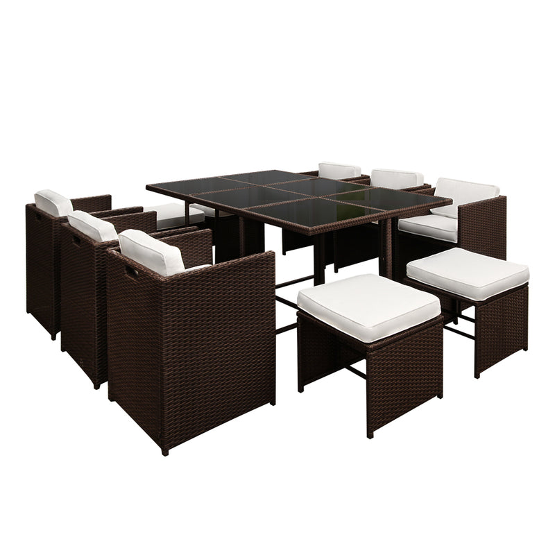 Gardeon 11 Piece PE Wicker Outdoor Dining Set - Brown & White