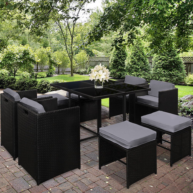 Gardeon Outdoor Dining Set 9 Piece Wicker Table Chairs Setting Black