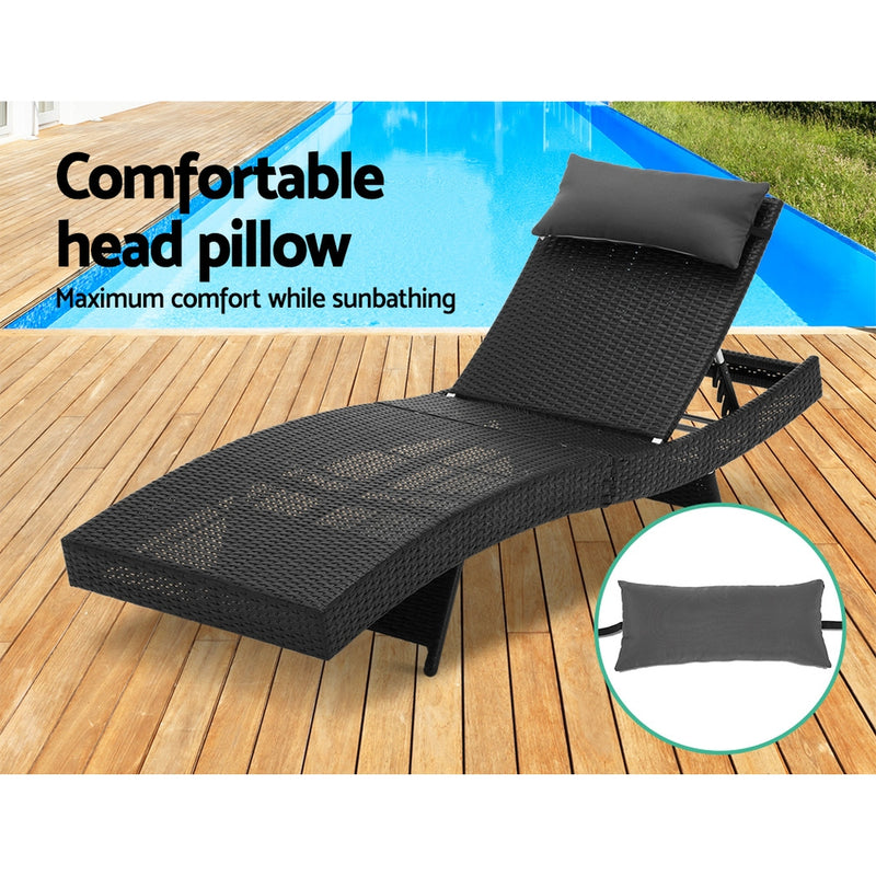 Gardeon 2PC Sun Lounge Wicker Lounger Outdoor Furniture Beach Chair Garden Adjustable Black