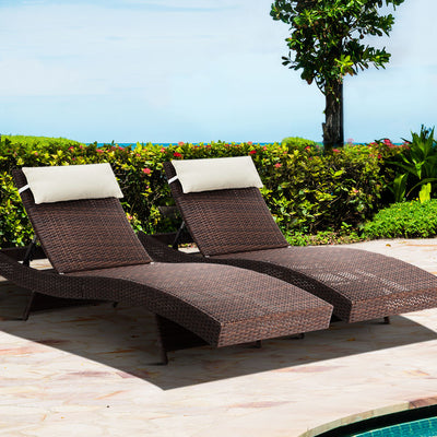 Gardeon 2PC Sun Lounge Wicker Lounger Outdoor Furniture Beach Chair Garden Adjustable Brown