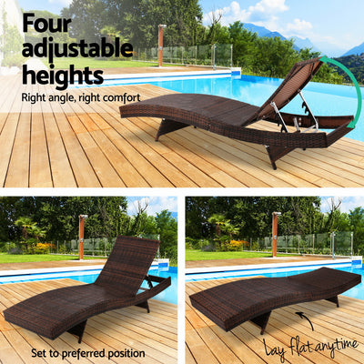 Gardeon 2PC Sun Lounge Wicker Lounger Outdoor Furniture Beach Chair Garden Adjustable Brown