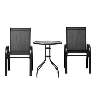 Gardeon 3PC Outdoor Bistro Set Table and Chairs Stackable Patio Furniture Black