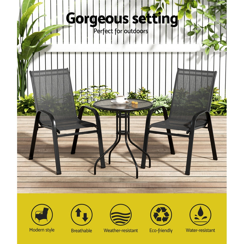 Gardeon 3PC Outdoor Bistro Set Table and Chairs Stackable Patio Furniture Black