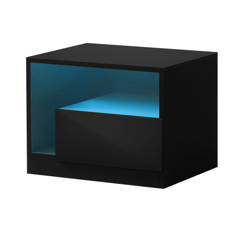 Artiss Bedside Tables Side Table RGB LED Drawers High Gloss Nightstand Black