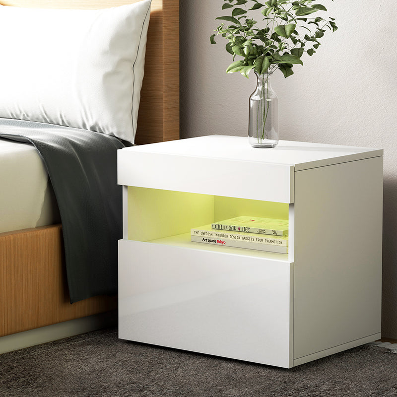 Artiss Bedside Tables Drawers Side Table RGB LED High Gloss Nightstand White