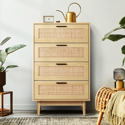 Artiss 4 Chest of Drawers Rattan Tallboy Pine - BRIONY