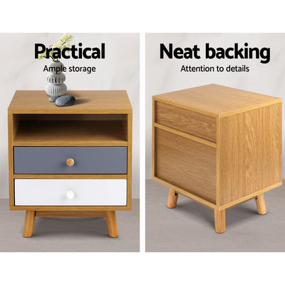 Artiss Bedside Table 2 Drawers with Shelf - BERTHA Oak