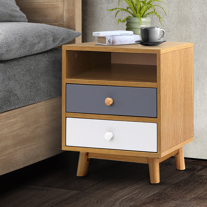 Artiss Bedside Table 2 Drawers with Shelf - BERTHA Oak