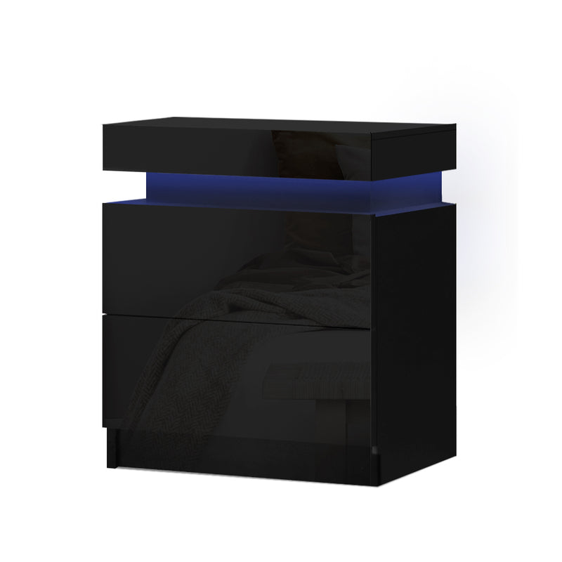 Artiss Bedside Tables Side Table Drawers RGB LED High Gloss Nightstand Black