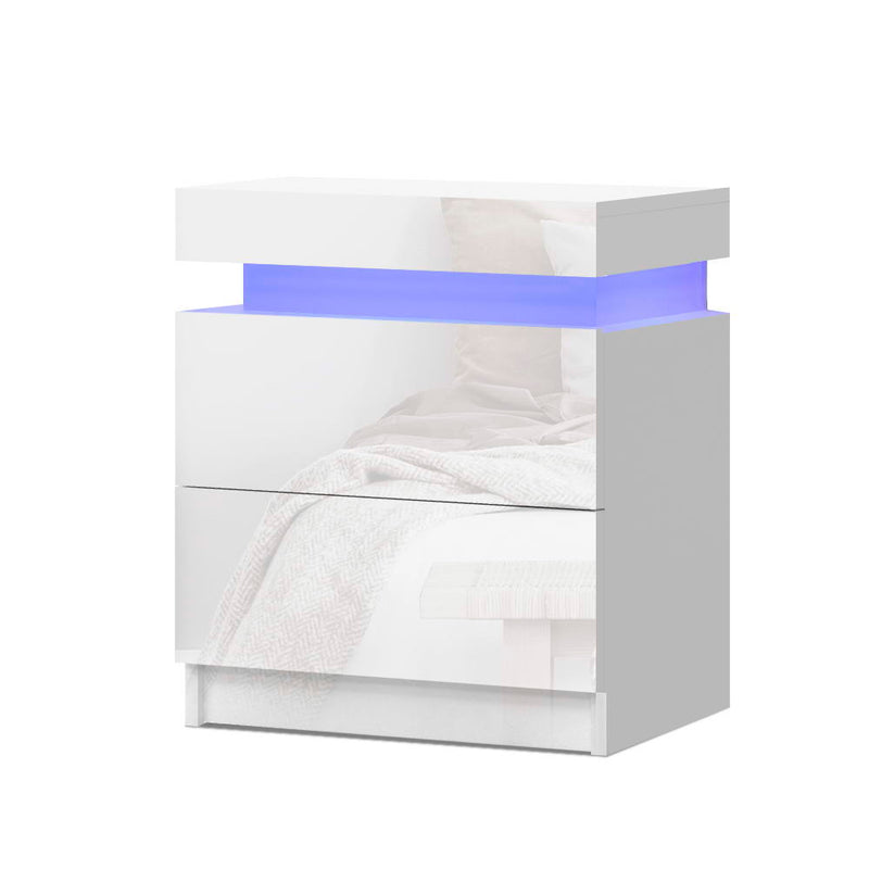 Artiss Bedside Tables Side Table Drawers RGB LED High Gloss Nightstand White