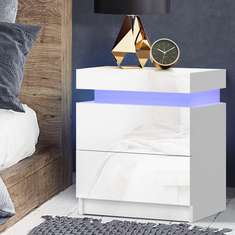 Artiss Bedside Table LED 2 Drawers Lift-up Storage - COLEY White