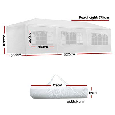 Instahut Gazebo 3x9m Outdoor Marquee side Wall Gazebos Tent Canopy Camping White 8 Panel