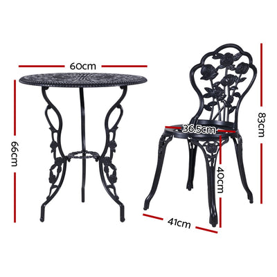 Gardeon 3PC Outdoor Setting Bistro Set Chairs Table Cast Aluminum Rose Black