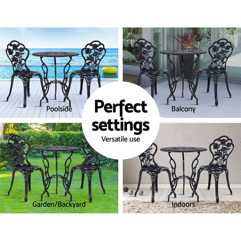 Gardeon 3PC Outdoor Setting Bistro Set Chairs Table Cast Aluminum Rose Black