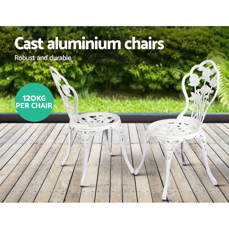 Gardeon 3PC Outdoor Setting Bistro Set Chairs Table Cast Aluminum Patio Furniture Rose White