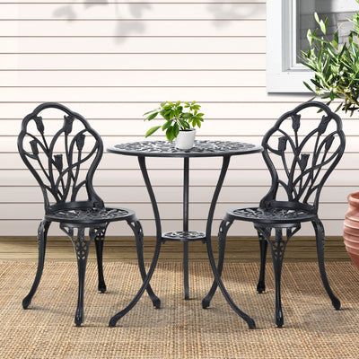 Gardeon 3PC Outdoor Setting Bistro Set Chairs Table Cast Aluminum Patio Furniture Tulip Black