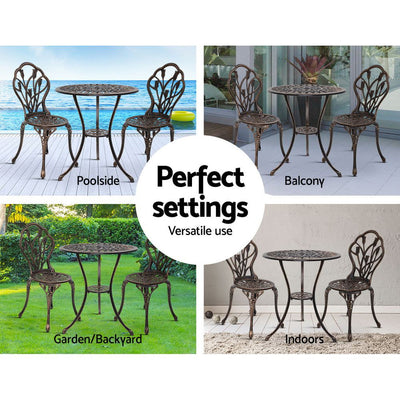 Gardeon 3PC Outdoor Setting Bistro Set Chairs Table Cast Aluminum Patio Furniture Tulip Bronze