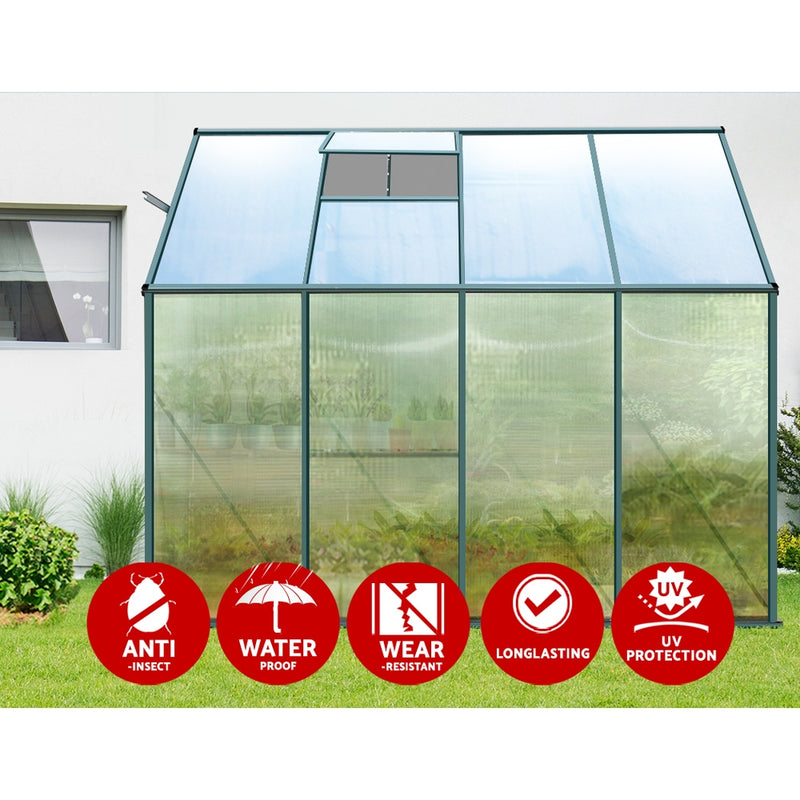 Green Fingers Greenhouse 2.52x1.27x2.13M Lean-to Aluminium Polycarbonate Green House Garden Shed