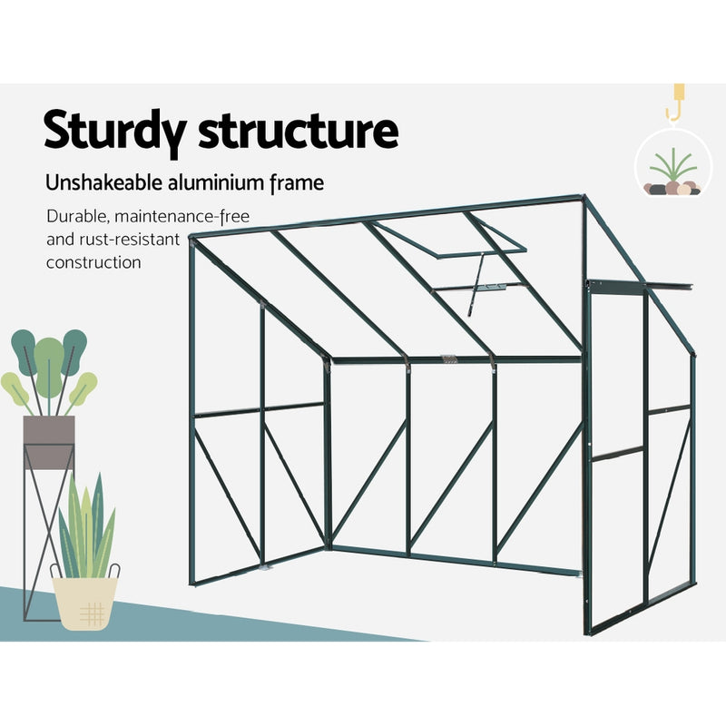 Green Fingers Greenhouse 2.52x1.27x2.13M Lean-to Aluminium Polycarbonate Green House Garden Shed