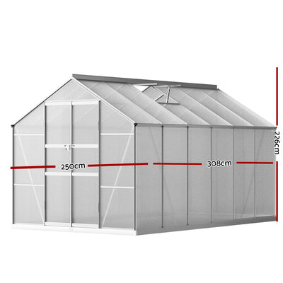 Green Fingers Greenhouse 3x2.5x2.26M Double Doors Aluminium Green House Garden Shed