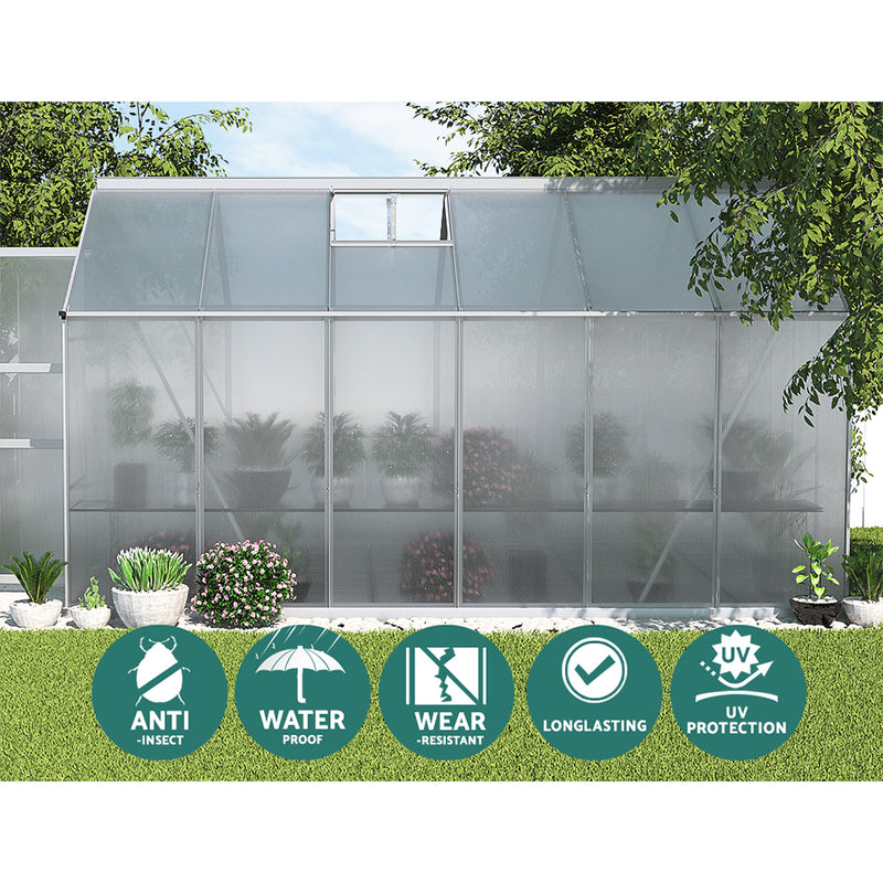 Green Fingers Greenhouse 3.7x2.5x2.26M Double Doors Aluminium Green House Garden Shed