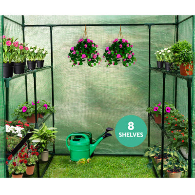 Green Fingers Greenhouse 1.4x1.55x2M Walk in Green House Tunnel Plant Garden Shed 8 Shelves