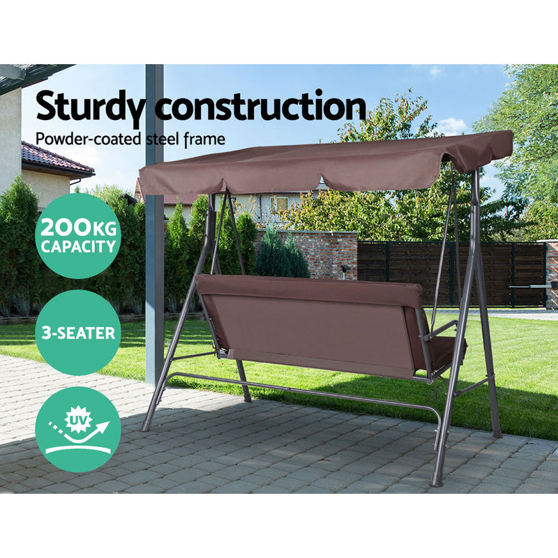 Gardeon Outdoor Swing Chair Garden Chair Bench Furniture Canopy 3 Seater Brown